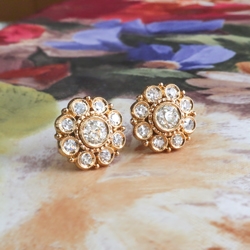 Art Deco Diamond Stud Earrings .93ct t.w. Circa 1930's Halo Old European Cut Single Cut Diamonds 18k Yellow Gold