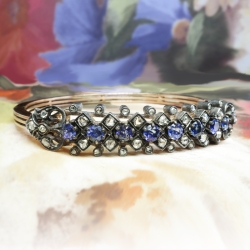 Antique 3.28ct t.w. Bracelet 1900's Blue Sapphire & Diamond Hinged Bangle 18k Rose Gold Sterling Silver Bracelet