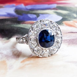 Antique Sapphire Diamond Ring Circa 1915 Filigree Old European Cut Halo Cocktail Birthstone Anniversary Engagement Ring Platinum