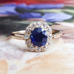 Antique Victorian Sapphire Ring Circa 1880's Natural Violet Blue Cushion Sapphire Old European Cut Diamond Halo Ring 14k Gold
