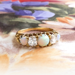 Antique Opal Diamond Ring Circa 1890's Victorian 5 Stone Opal Old Mine Cut Diamond Ring 18k Yellow Gold