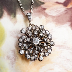 Antique Diamond Pendant Necklace 1.67ct t.w. Circa 1880's Diamond Flower Pendant Necklace Sterling Silver 14k Rose Gold 18' Inch Chain