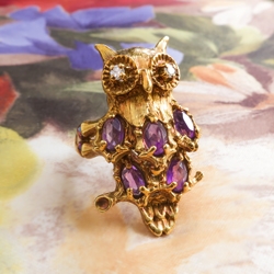 Vintage Amethyst Diamond Owl Ring Circa 1950's Figural Birthstone Gift Birthday Ring 14k Yellow Gold
