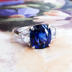 Vintage Sapphire Diamond Ring 6.61ct t.w. Estate Blue Sapphire & Half Moon Diamond Platinum Three Stone Engagement Anniversary Ring