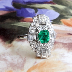 Art Deco Emerald Cut Emerald Diamond Ring Circa 1930's Vintage 1.52ct t.w. Anniversary Birthstone Multistone Ring Platinum