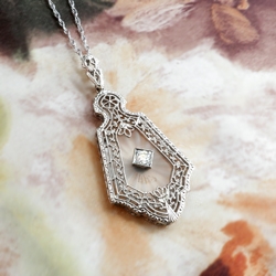 Art Deco Diamond Crystal Pendant Circa 1930's Filigree White Gold Pendant Necklace 14k