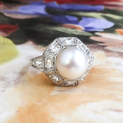 Edwardian 1920's Cultured Pearl & Old European Cut Diamond Filigree Unique Engagement Birthstone Ring Platinum