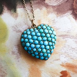 Antique 1880's Pave' Cabochon Natural Turquoise Victorian Gold Heart Locket 10k Rose Yellow Gold