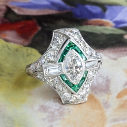 Art Deco Diamond Engagement Ring 1.70ct t.w. Green Lab Emerald Halo Marquise Round Baguette Diamonds Platinum
