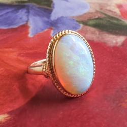 Vintage Natural 4.50ct Opal Solitaire Ring Circa 1980's in Rope Edge Bezel 14k Yellow Gold