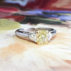 Estate Fancy Yellow Canary Diamond Trillion Cut Diamond Three Stone Engagement Ring Platinum 18k Yellow Gold
