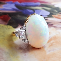 Vintage Opal Diamond Ring Australian Crystal Opal Step Cut Diamond Cocktail Birthstone Ring 14k Gold Palladium