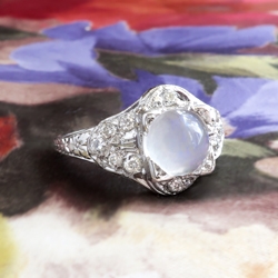 Vintage Moonstone Diamond Ring 3.24ct t.w. Circa 1930's Art Deco Hand Engraved Filigree Platinum