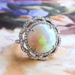 Antique Opal Diamond Ring Circa 1900's 6.41ct t.w. Natural Opal & Rose Cut Diamond Birthstone Anniversary Ring 18k Platinum