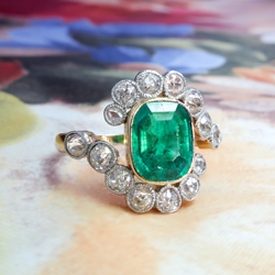 Antique Emerald Diamond Ring 2.87ct t.w. Natural Emerald Old Cut Diamond Bypass Halo Ring 18k Platinum