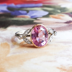 Art Deco Vintage Pink Tourmaline & Rose Cut Diamond Cocktail Engagement Ring 18k Yellow Gold Platinum