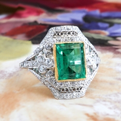 Antique Emerald Diamond Ring Circa 1915 2.84ct t.w. Natural Emerald & Old European Cut Filigree Engagement Birthstone Ring Platinum 18k
