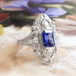 Vintage Sapphire Diamond Ring 2.10ct t.w. Circa 1930's Art Deco Navette Filigree Wedding Birthstone Engagement Ring Platinum