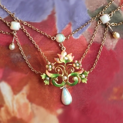 Vintage Opal Enamel Necklace Circa 1950's Natural Opal Festoon Necklace 15 inches 10k Gold