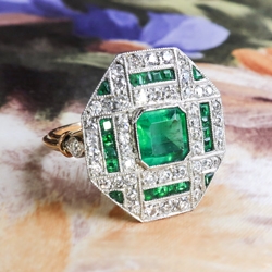 Art Deco Natural Emerald and Diamond Cocktail or Birthstone Ring 1.47ctw. 18k Platinum
