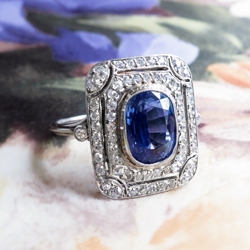 Vintage Sapphire Diamond Ring Circa 1930's Art Deco Double Halo Cocktail Birthstone Engagement Ring Platinum