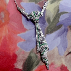 Art Deco Emerald Diamond Necklace 2.55ct t.w. Vintage Circa 1920's Old European Cut Diamond Emerald Filigree Necktie Pendant Platinum