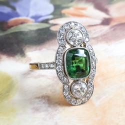 Green Goddess 2.74ct t.w. Tsavorite Garnet & Old European Cut Diamond Ring 18k Yellow Gold Platinum