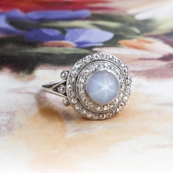 Vintage Star Sapphire Ring 1.85ct t.w. Circa 1925 Double Diamond Engagement Cocktail Birthstone Anniversary Platinum Ring
