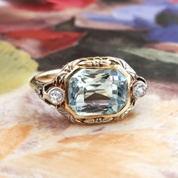 Art Deco Aquamarine Diamond Ring Circa 1930's Two Tone Filigree Engagement Birthstone Ring 14k Gold