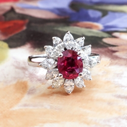 Romantic Estate Ruby and Marquise Diamond Halo Ring 18k
