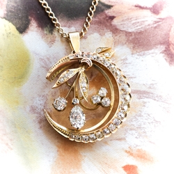 Antique Victorian Old Pear Mine Cut Diamonds Circa 1880's 2.83ct t.w. Crescent Moon Pendant Necklace 18k Gold 14k Gold Chain 20' Inches