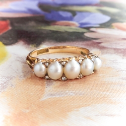 Victorian Antique Pearl Ring Circa 1850's Rose Cut Diamond Natural Pearl Stacking Wedding Band Ring 18k Yellow Gold