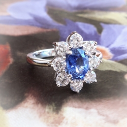Estate Sapphire Diamond Ring Circa 1990's Blue Sapphire Diamond Halo Cocktail Birthstone Anniversary Engagement Ring 18k White Gold