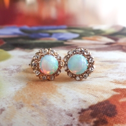 Antique Victorian 1.20ct t.w. Opal & Rose Cut Diamond Halo Earrings 10k Yellow Gold
