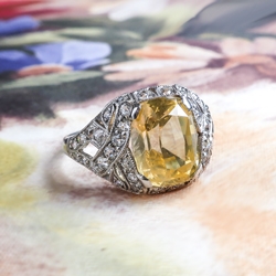Vintage Sapphire Diamond Ring 5.03ct t.w. Canary Cushion Cut Yellow Sapphire & Diamond Engagement Anniversary Birthstone Ring Platinum