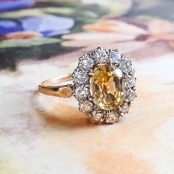 Beautiful 2.40ct t.w. Butterscotch Yellow Sapphire & Old Mine Cut Diamond Halo 18k Yellow Gold Platinum Ring