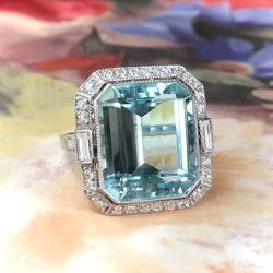 Fabulous 10.07ct t.w. Emerald Cut Aquamarine & Old Cut Diamonds Birthstone Cocktail Wedding Engagement Ring Platinum 