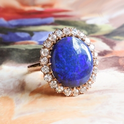 Vintage Opal Diamond Ring Bluebird Black Opal 6.18ct t.w. Victorian Antique Old European Cut Diamond Halo 18k Rose Gold Ring