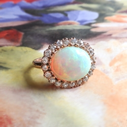 Colorful 3.65ct t.w. Natural Australian Crystal Opal & Old European Cut Diamond Halo Ring 18k Rose Gold