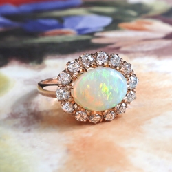 Victorian Style 2.02ct t.w. Australian Crystal Opal & Old European Cut Diamond Halo Ring 18k Rose Gold