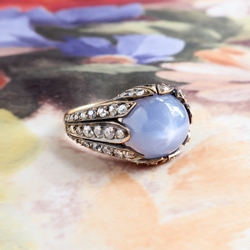 Antique Influenced Tulip 8.40ct t.w. Natural Lavender Blue Star Sapphire & Old European Cut Diamond Ring 18k Yellow Gold