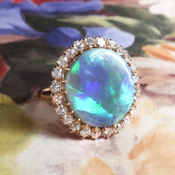 Victorian Influenced Antique Black Opal & Diamond Halo 18k Rose Gold Ring