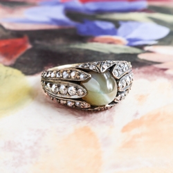 Antique Chrysoberyl Cats Eye Diamond Ring Vintage Tulip 3.10ct t.w. Old Mine Cut Diamond Ring 18k Yellow Gold
