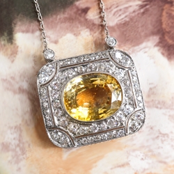 Beautiful 12ct Natural Yellow Sapphire & 2.10cts Old Single Cut Transitional Cut Diamond Necklace Platinum