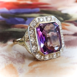 Art Deco 5.91 ctw. Amethyst and Diamond Halo Ring with Leaf Motif 14k