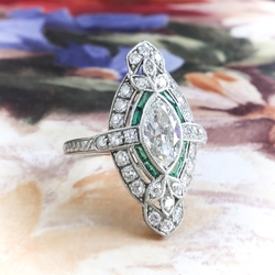 Art Deco Marquise Diamond and Emerald Navette Ring in Platinum