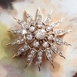 Antique Victorian Diamond Sunburst Brooch, Pendant 18k Yellow Gold