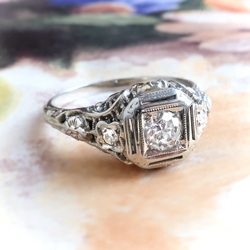 Art Deco Floral Filigree Diamond Engagement Ring in 18k White Gold