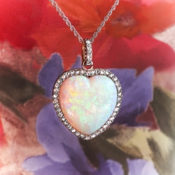 Antique Crystal Opal and Diamond Heart Pendant Platinum