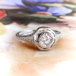 Art Deco .15ct Diamond Solitaire Platinum Octagonal Engagement Ring